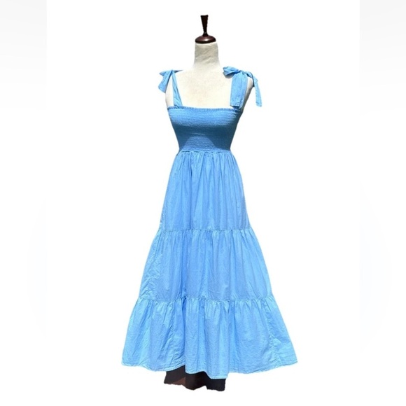 Xirena Lorraine Smocked Tiered Cotton Midi Dress Blue Cottage Prairie Summer XS - Picture 4 of 8